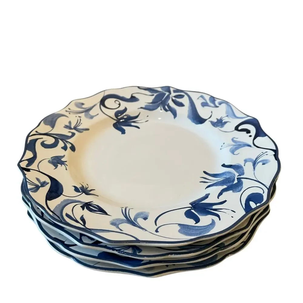 New 222 Fifth AYLA Blue Floral Porcelain 8.5in Salad Plates Scalloped Set of 4